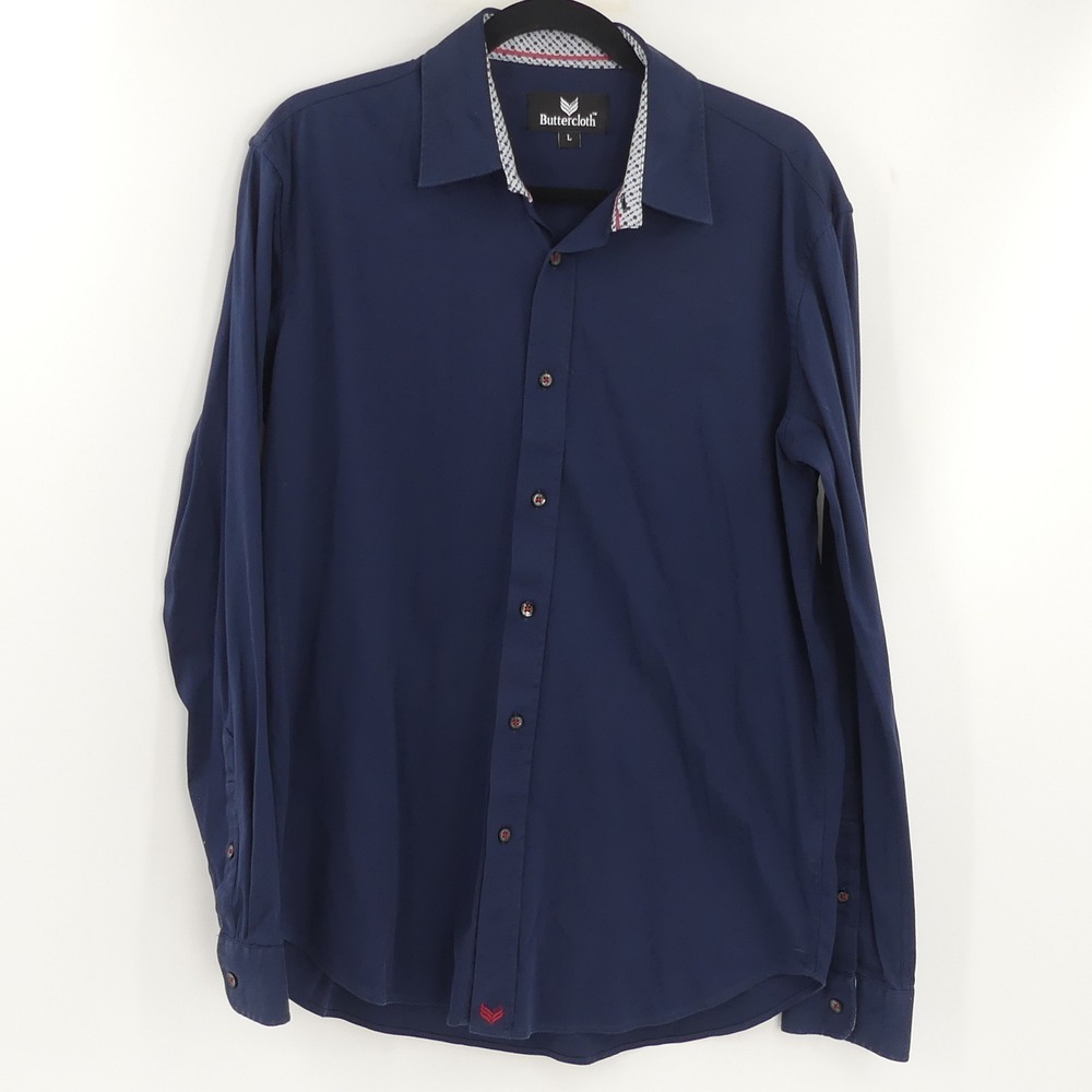 Buttercloth Men's Large Solid Dark Blue Long Sleeve Button‎ Up Casual Shirt